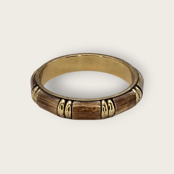Wood and Gold-Tone Bangle Vintage Bracelet – Boho Safari Style (1970s-1980s) - Picture 1 of 8